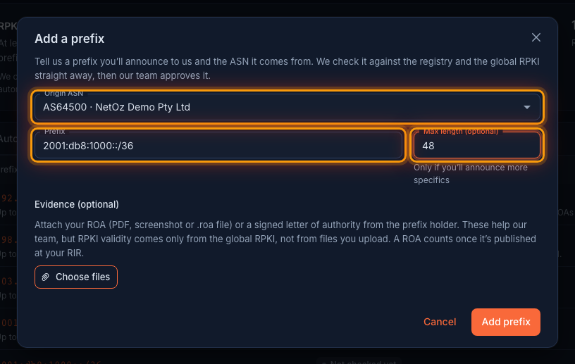 Enter the prefix and origin ASN in the NetOz Portal