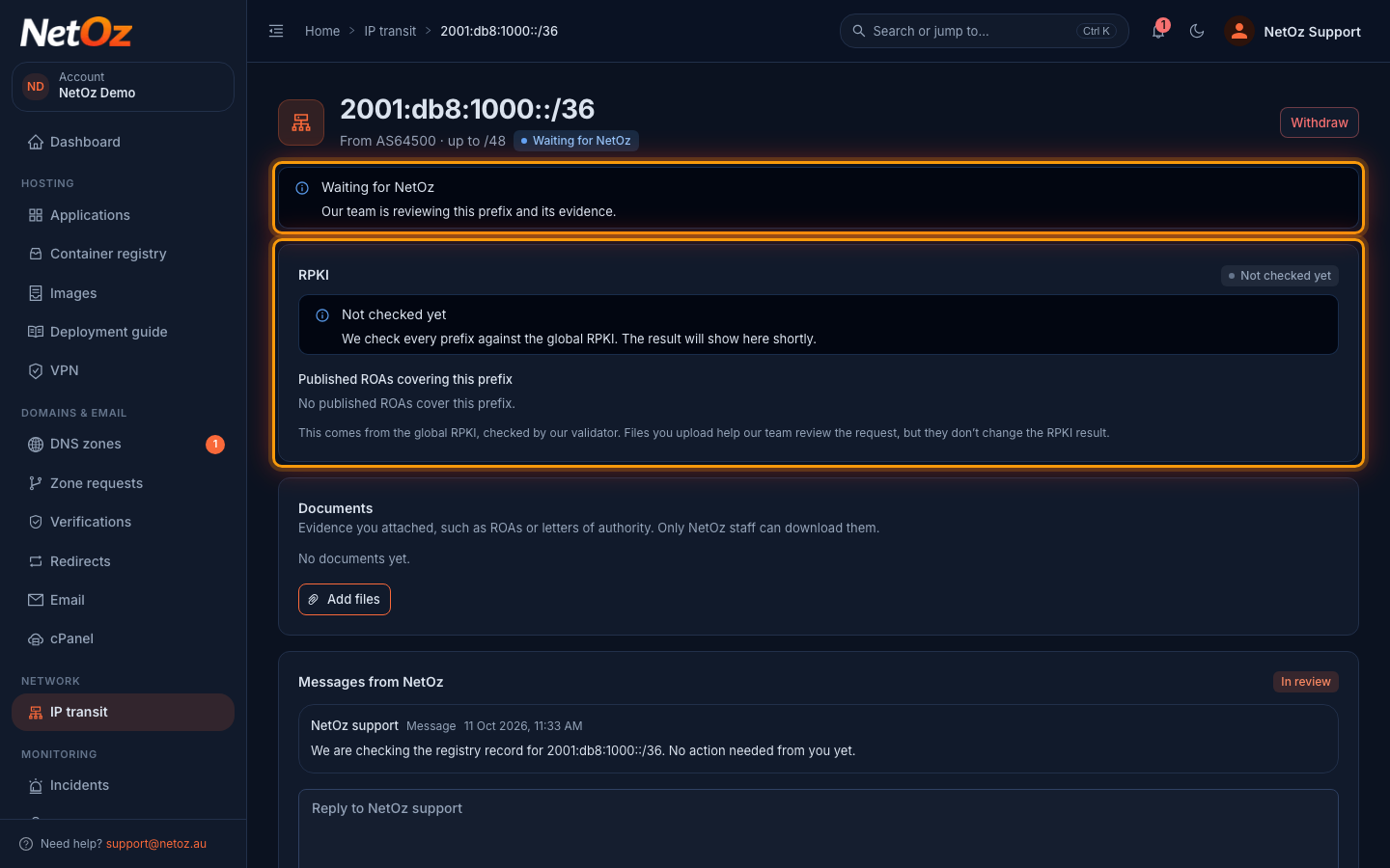 Wait for approval in the NetOz Portal