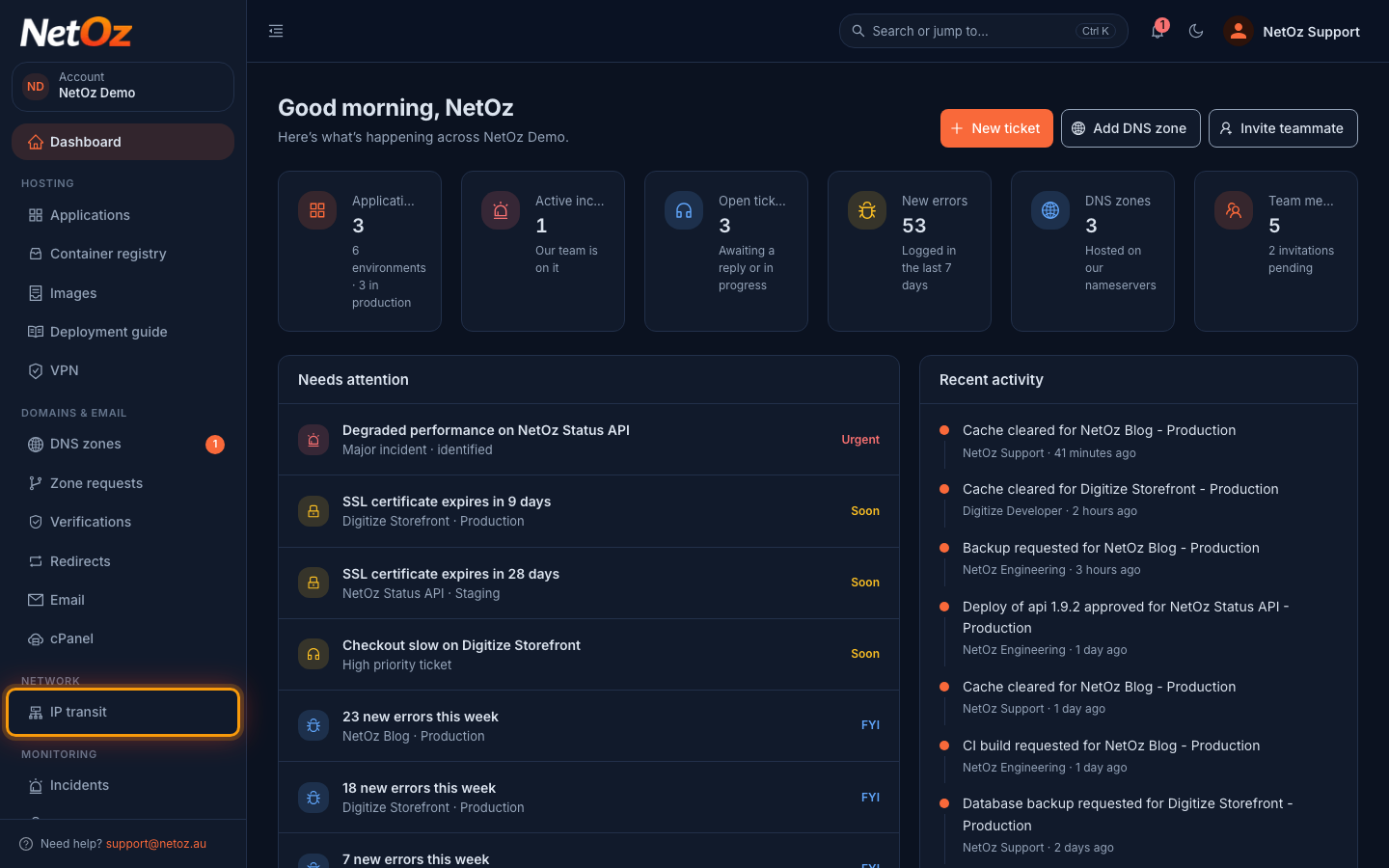 Open IP transit from the sidebar in the NetOz Portal