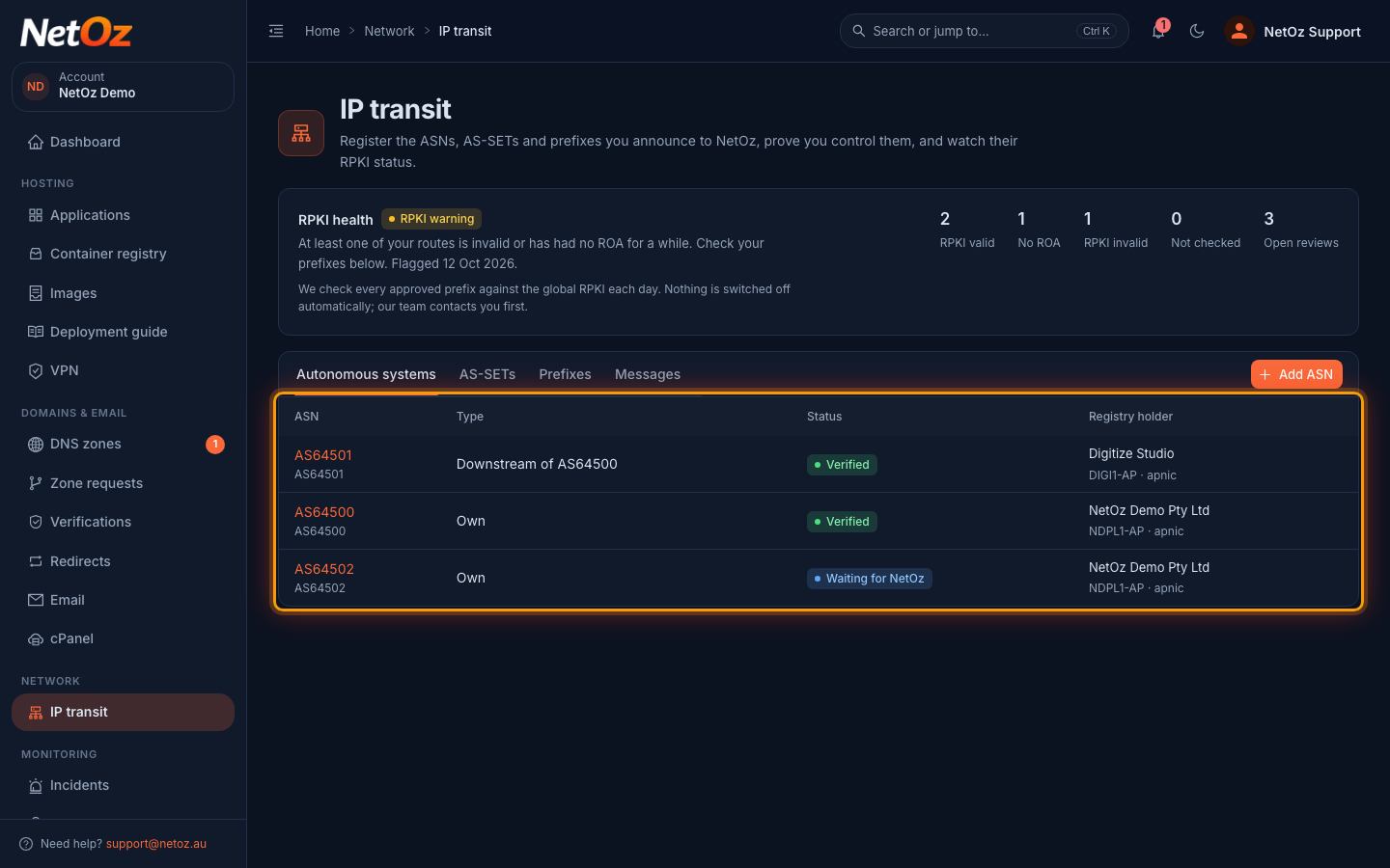 See your autonomous systems in the NetOz Portal