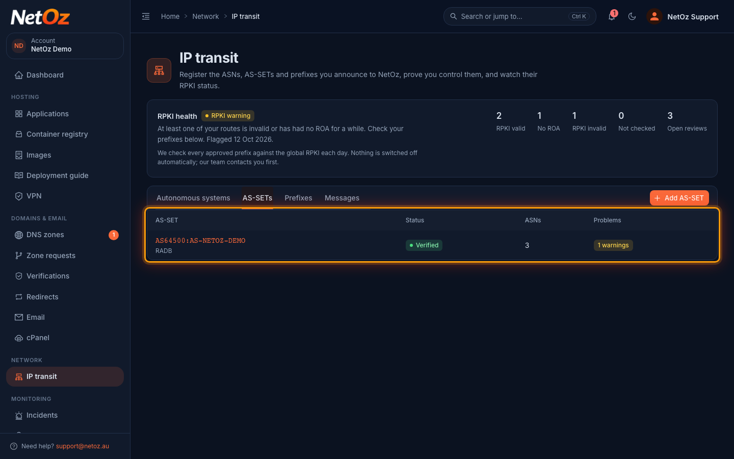 Review your AS-SETs in the NetOz Portal