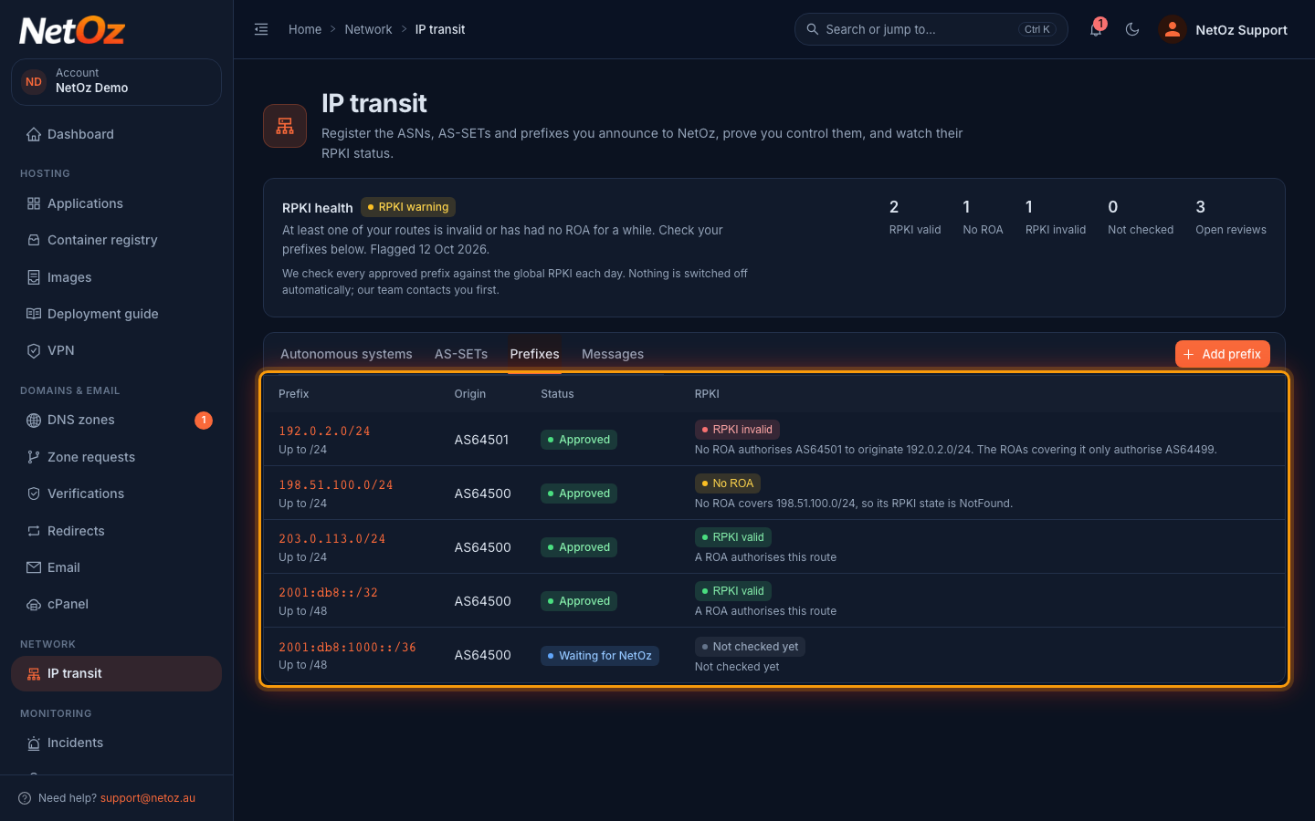 Check your prefixes and their RPKI status in the NetOz Portal