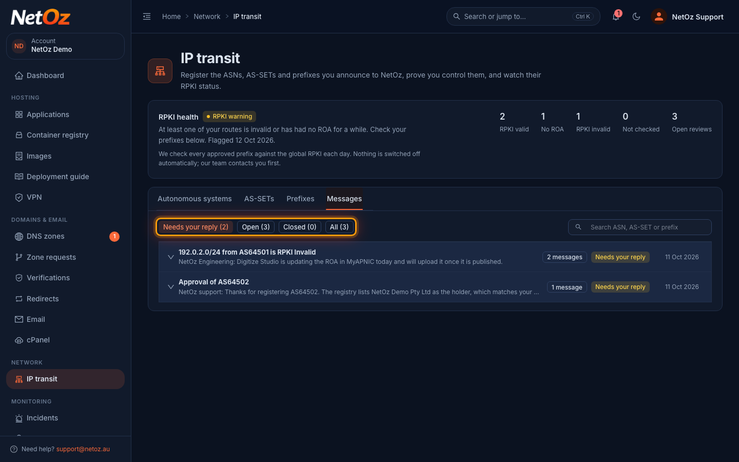 Read messages from the NetOz network team in the NetOz Portal