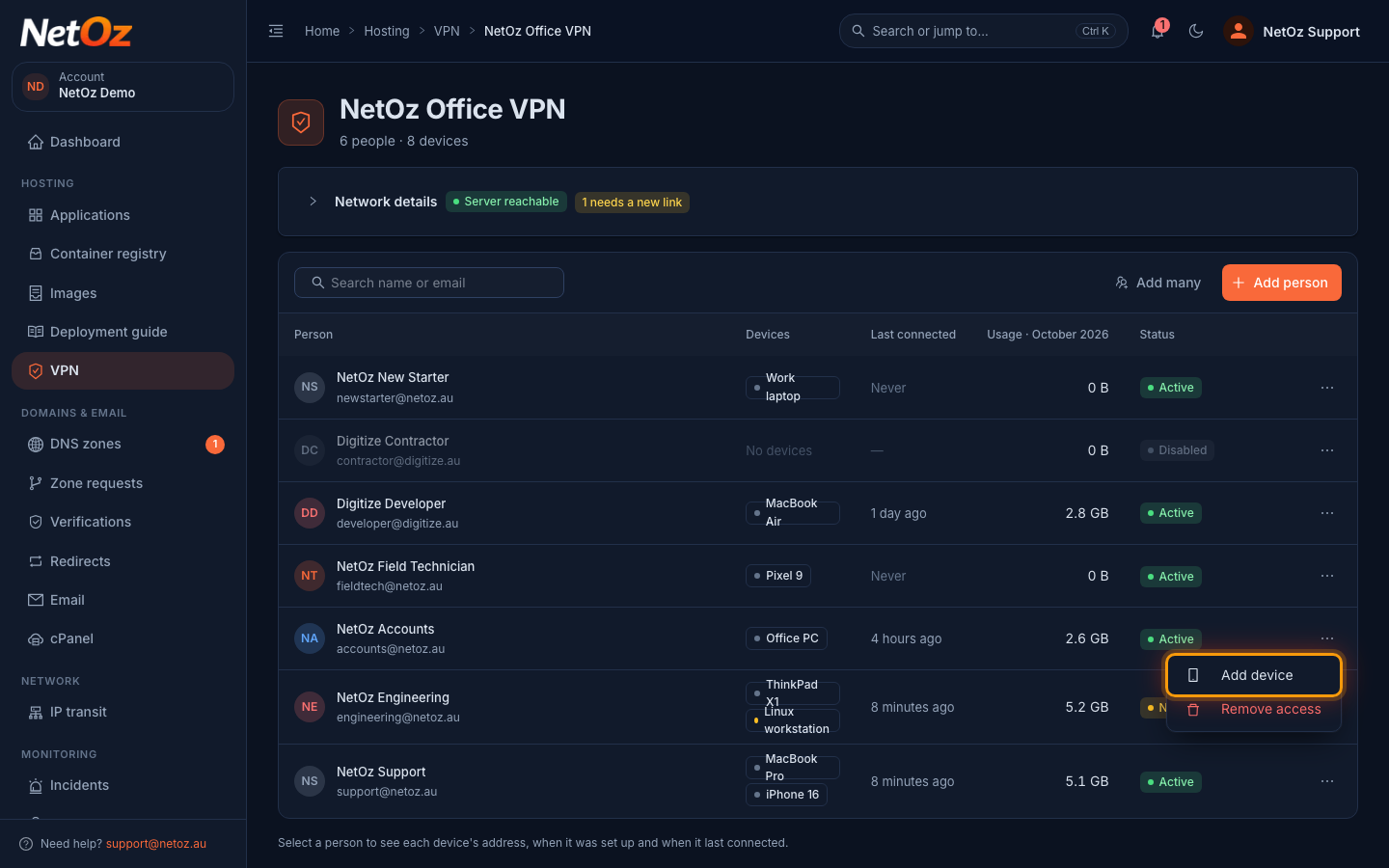 Choose Add device in the NetOz Portal