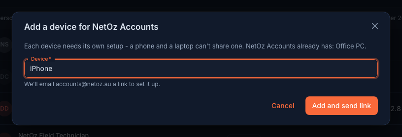 Name the device and send the link in the NetOz Portal