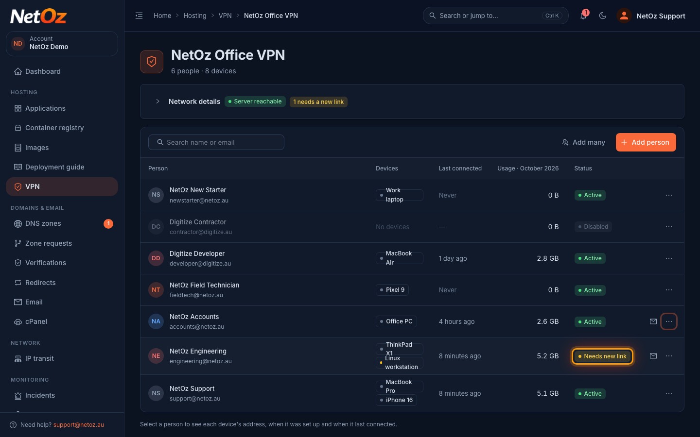 Resend links for out-of-date devices in the NetOz Portal