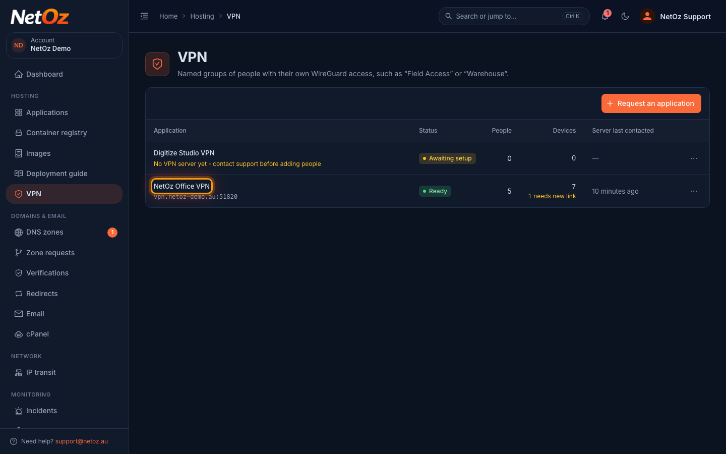 Open the VPN in the NetOz Portal