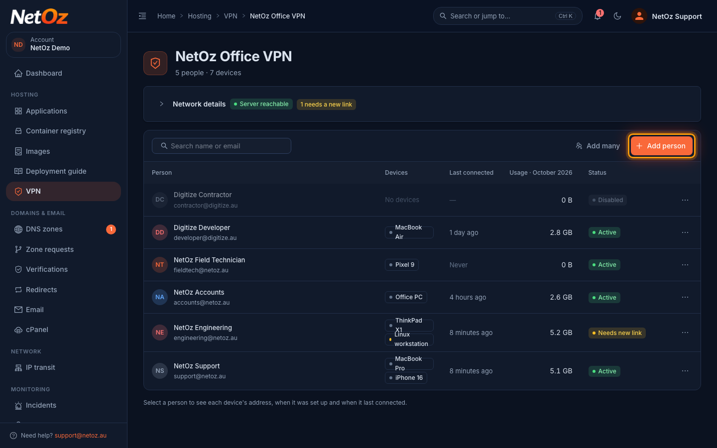 Select Add person in the NetOz Portal