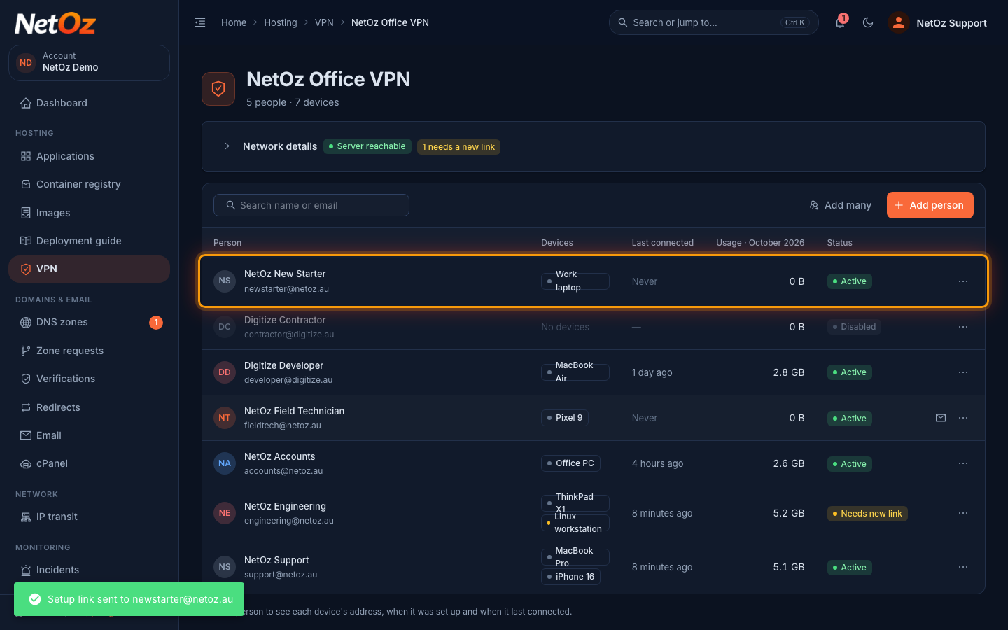 Check the link was sent in the NetOz Portal