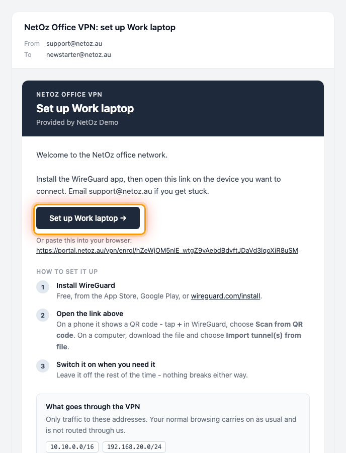 Example NetOz VPN setup email with the Set up button and setup link