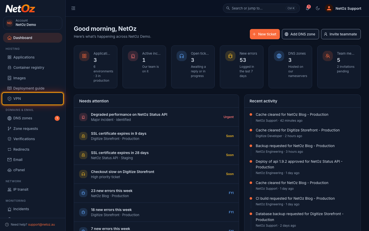 Open VPN from the sidebar in the NetOz Portal