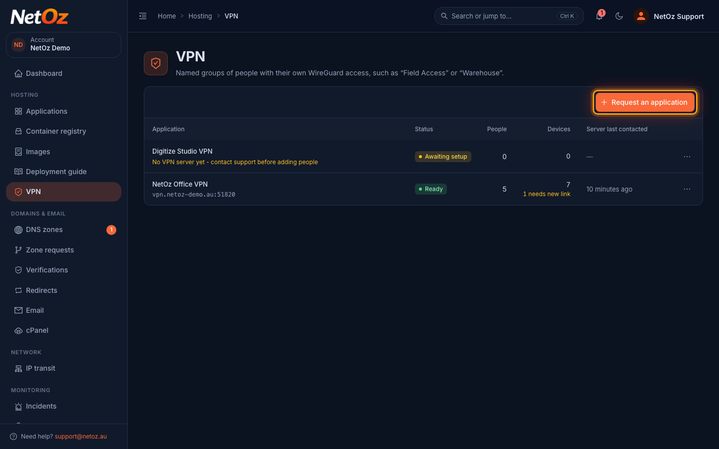 Review your existing VPNs in the NetOz Portal