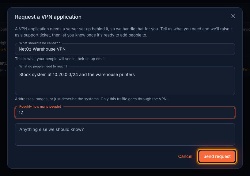 Describe the VPN you need in the NetOz Portal