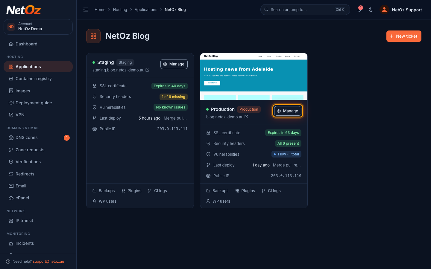 Open the environment’s Manage menu in the NetOz Portal