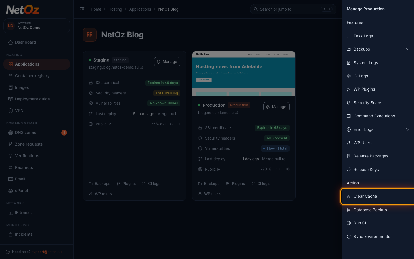 Select Clear Cache in the NetOz Portal
