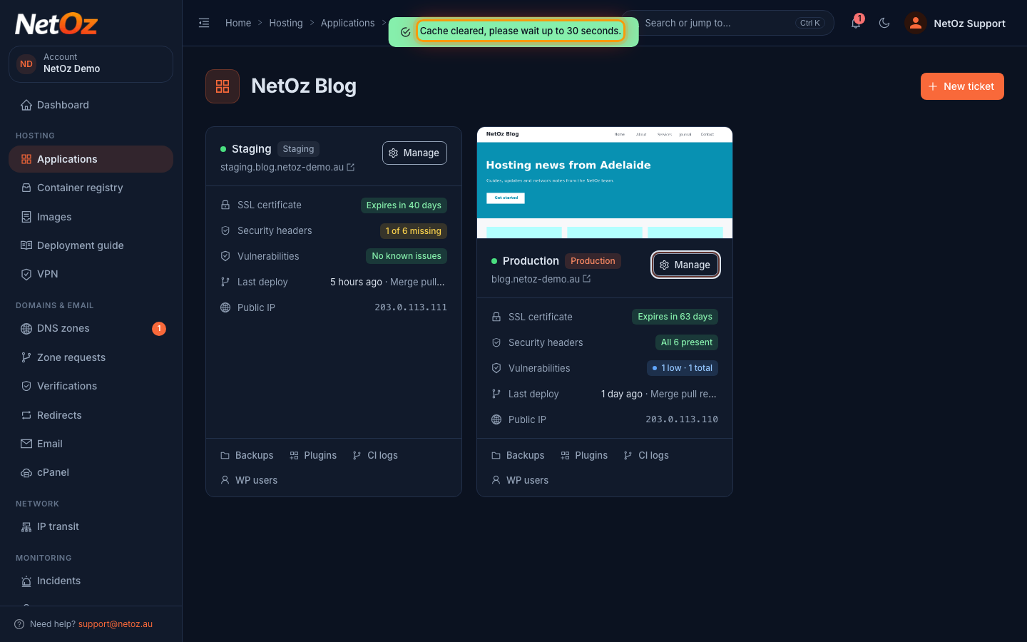 Wait for the confirmation in the NetOz Portal