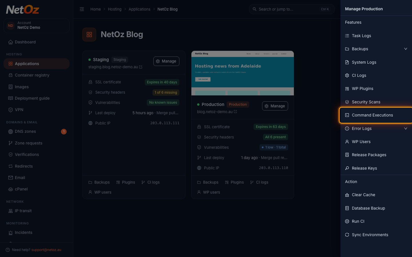 Open Command Executions in the NetOz Portal
