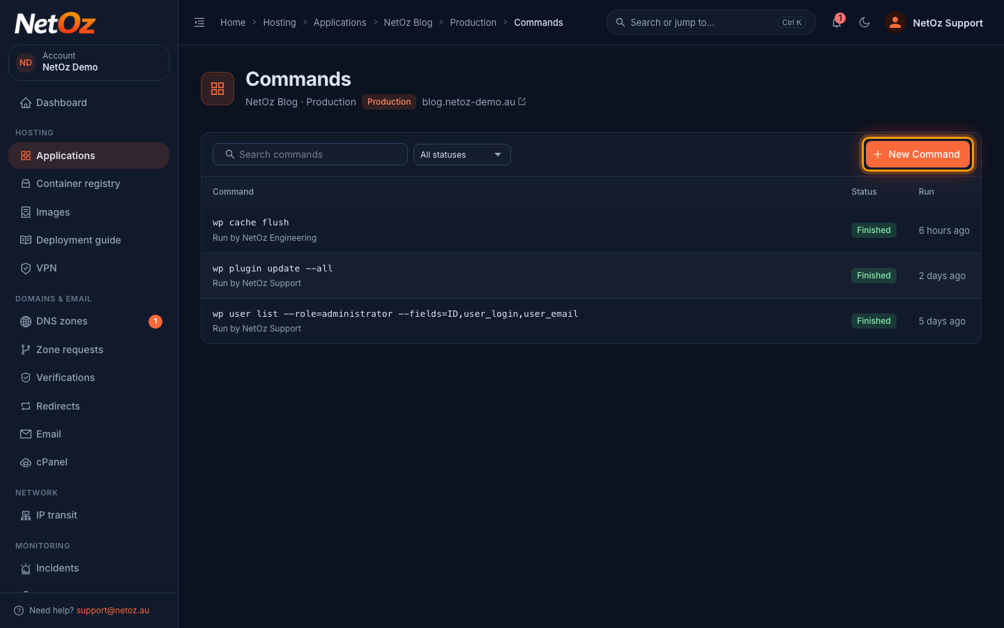 Review previous commands in the NetOz Portal